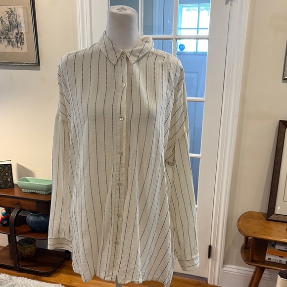 Eileen Fisher white & black strip button down shirt.  Size PM - Picture 1 of 9